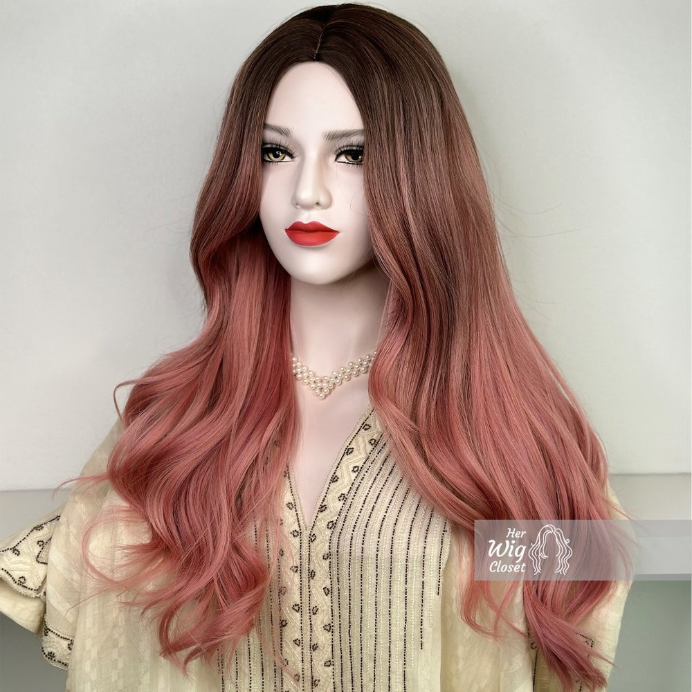 Sakura Pink Hair Ombre Pastel Pink Wig Dark Roots Wavy Wig | Anaella - Picture 4 of 8